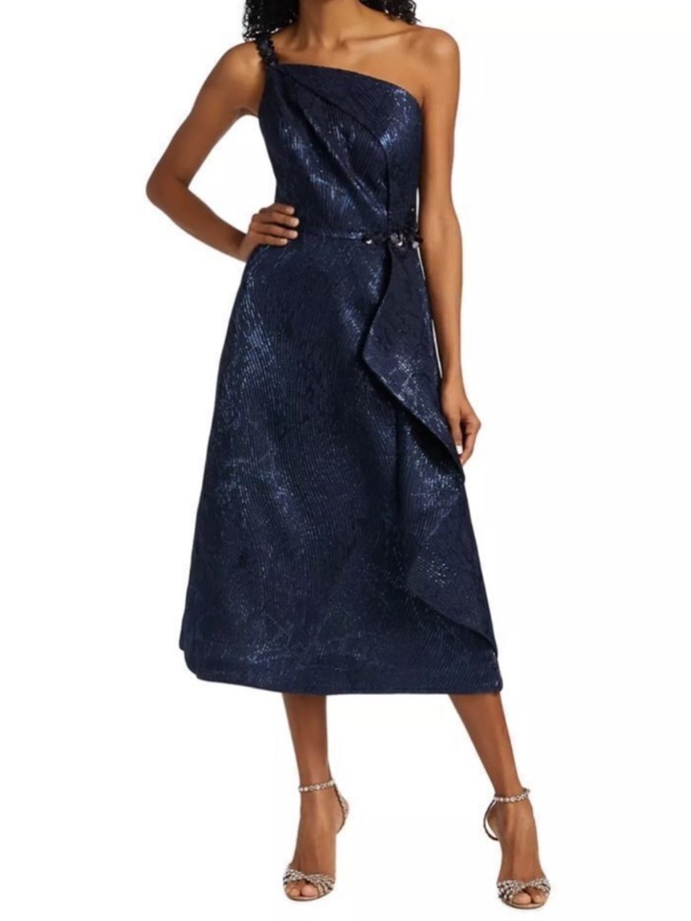 Rickie Freeman TERI JON Metallic Jacquard One Shoulder Dress Blue 2 NWOT